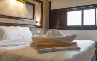 Cozy cruise ship stateroom featuring a neatly made bed with a towel ship