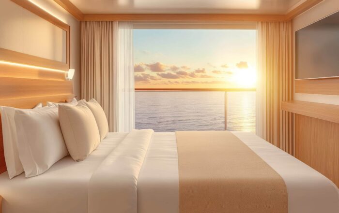 Cruise ship stateroom at sunset, with warm light streaming through the balcony doors and a serene ocean view