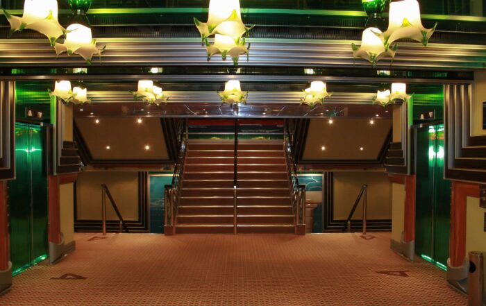 elegant cruise ship elevator corridor is not a perfect location for a stateroom