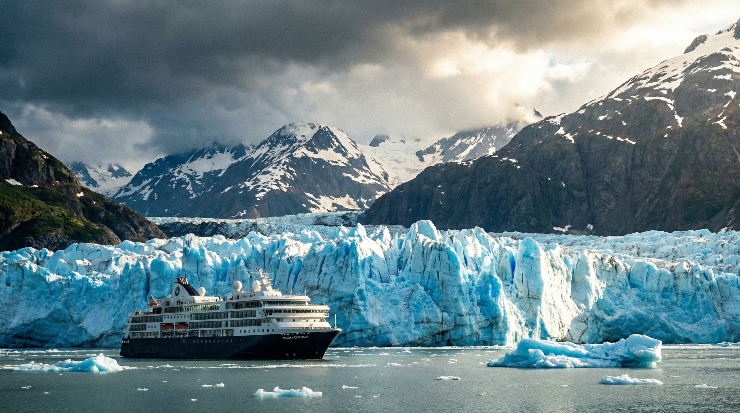 Alaska cruise ship at glacier