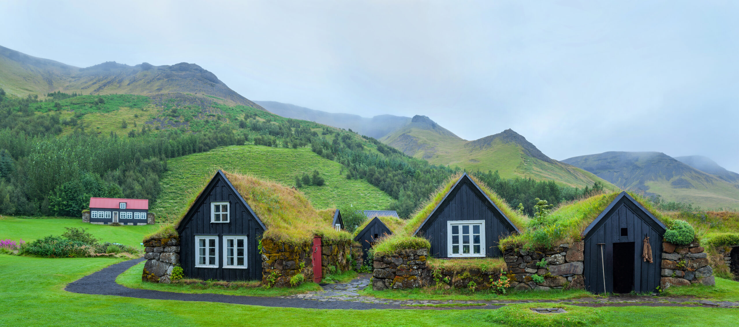 A picturesque cluster of traditional Icelandic turf-roofed houses with black wooden walls