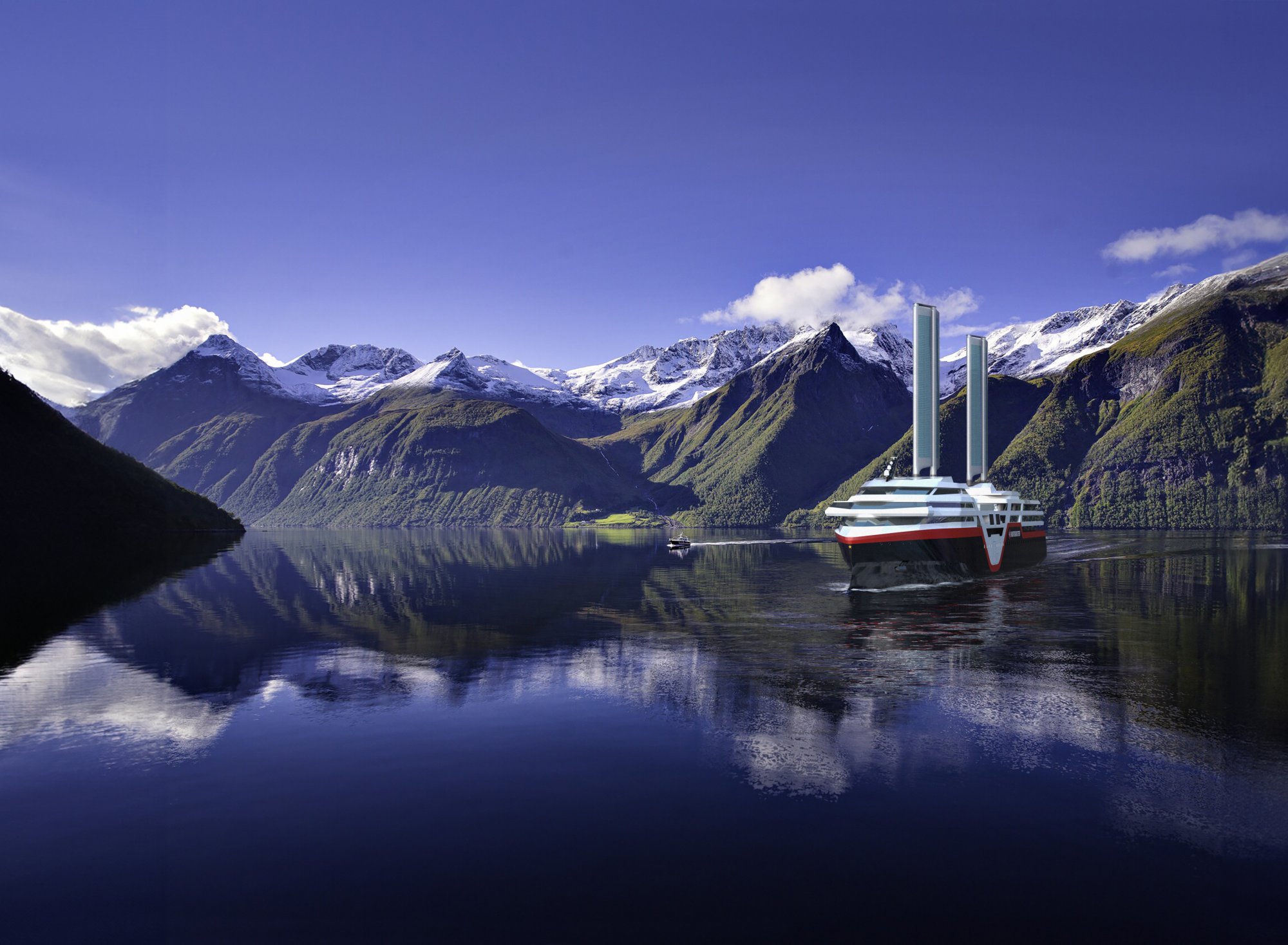 A modern expedition cruise ship anchors in a pristine Norwegian fjord surrounded by snow-capped mountains, dense forests, and mirror-like waters reflecting the dramatic Alpine landscape under clear blue skies.