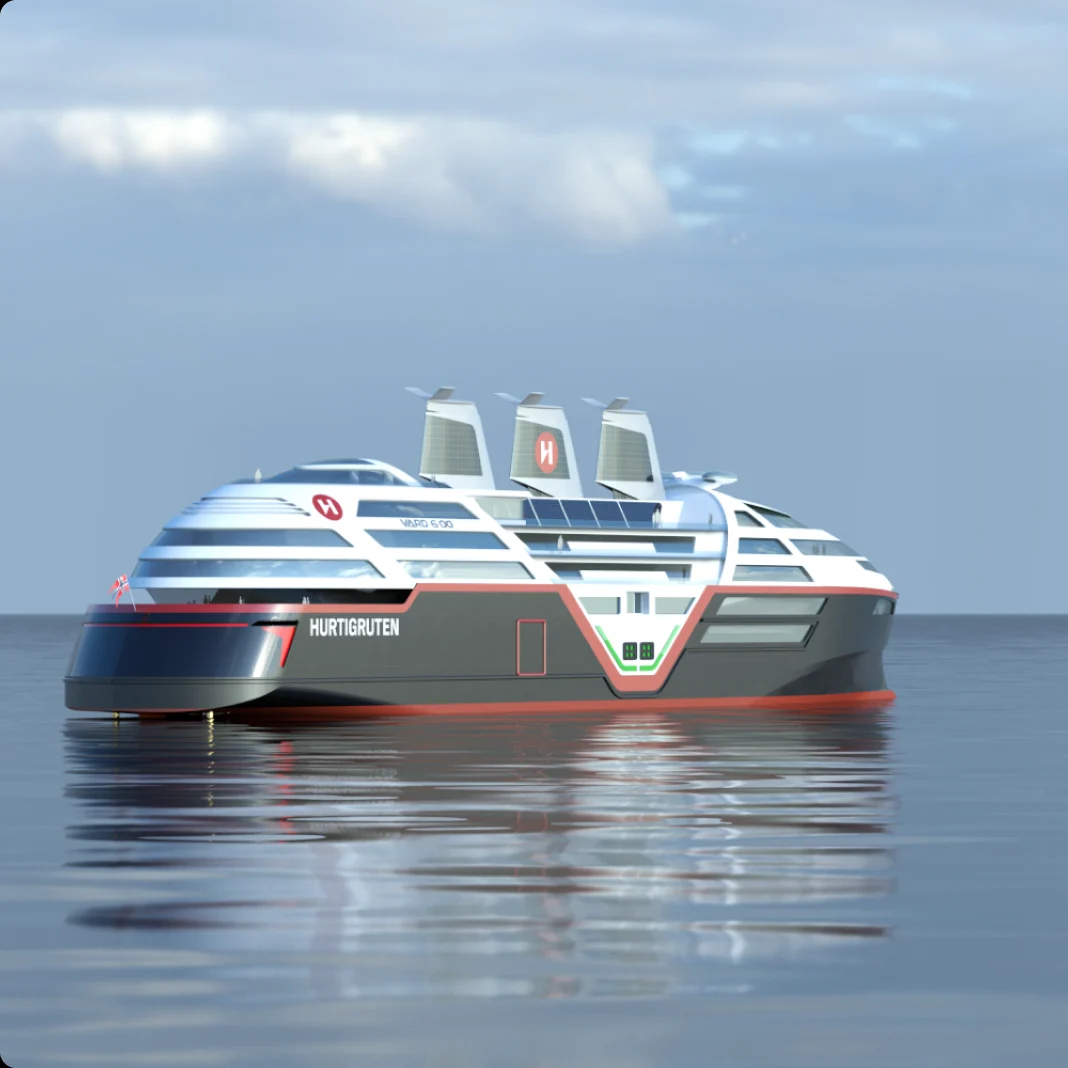A modern, sleek expedition cruise ship with innovative design, featuring multiple decks, solar panels, and distinctive vertical sail-like structures. The vessel is designed for sustainable maritime travel with a futuristic aesthetic.