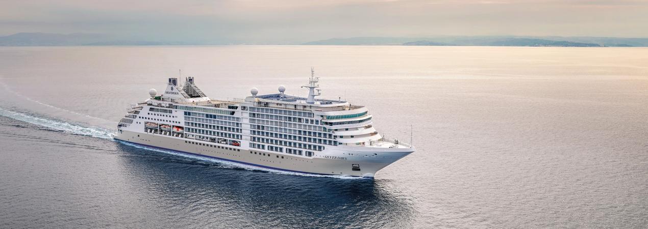 A large, white multi-deck cruise ship sailing across a calm, expansive ocean with soft pastel sky and horizon in the background. The vessel is moving at cruising speed, creating a gentle wake in the blue waters.