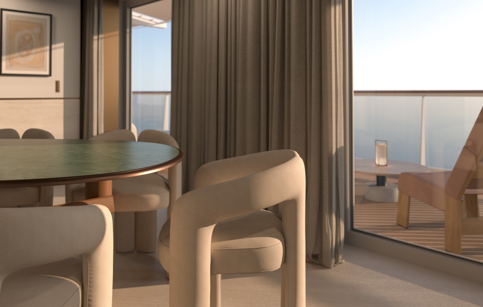 Modern Luxury Suite with Ocean View Balcony A sophisticated high-rise suite featuring contemporary furniture, floor-to-ceiling windows with ocean views, and elegant drapes. The space showcases modern design with curved upholstered chairs surrounding a round table, commanding panoramic vistas of the sea and distant horizon from the private balcony.