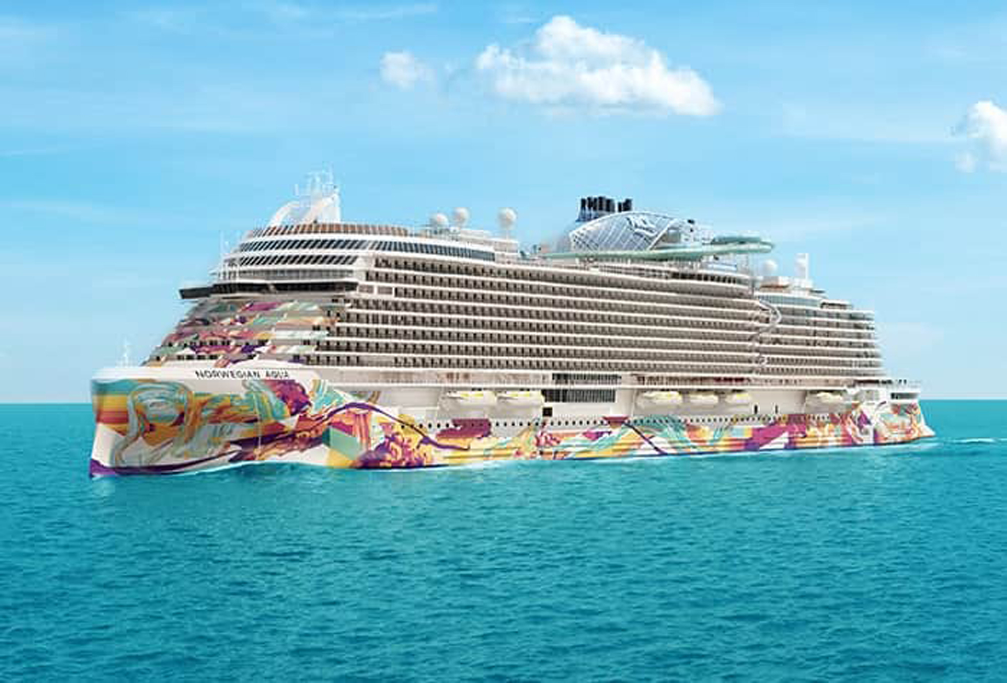 Norwegian Aqua Cruise Ship in Turquoise Waters A large modern cruise ship featuring vibrant multicolored hull artwork sails through clear turquoise waters under a bright blue sky. The vessel displays distinctive colorful murals on its bow and hull, characteristic of contemporary cruise line branding and design aesthetics.