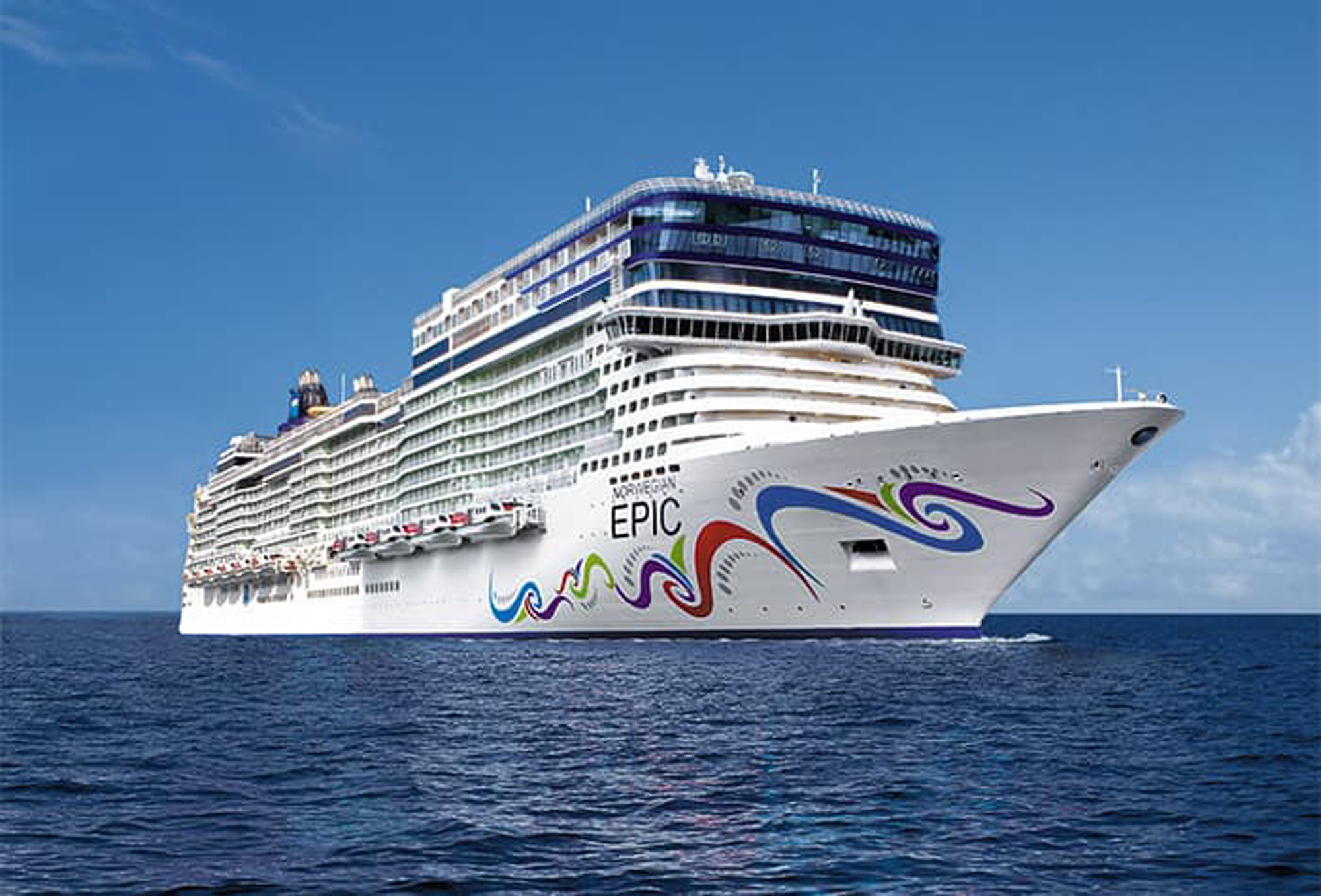 Norwegian Epic Cruise Ship at Sea A modern mega-ship with distinctive colorful wave artwork on its white hull, photographed at sea under clear blue skies. The vessel features multiple deck levels with the ship's name 'EPIC' clearly visible on the hull.