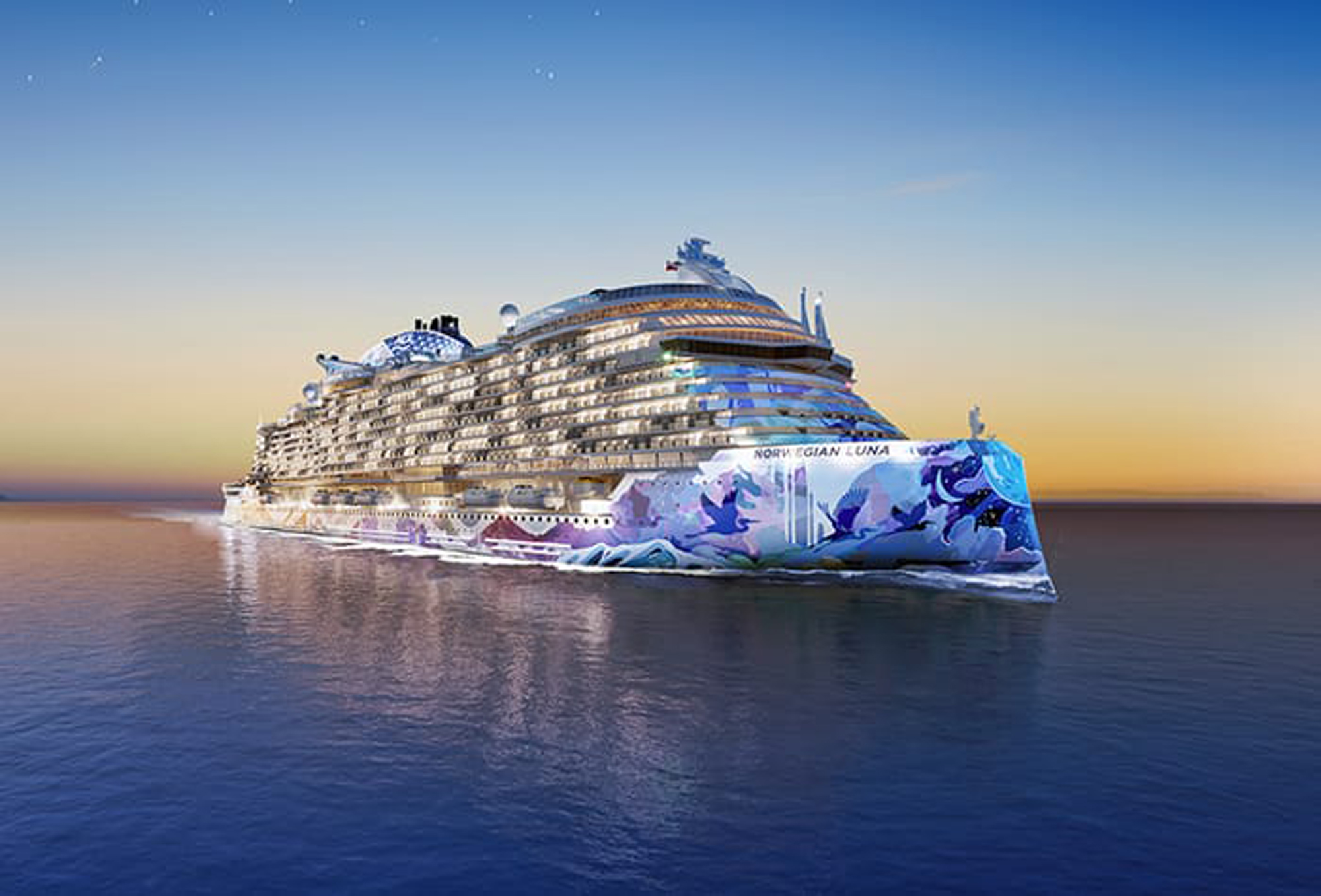 Norwegian Luna Cruise Ship at Sea A modern large cruise ship with distinctive blue and white hull design featuring artistic ocean-themed artwork on the bow, photographed against a calm sea during golden hour. The vessel displays multiple decks with numerous portholes and features a prominent blue funnel with company branding.