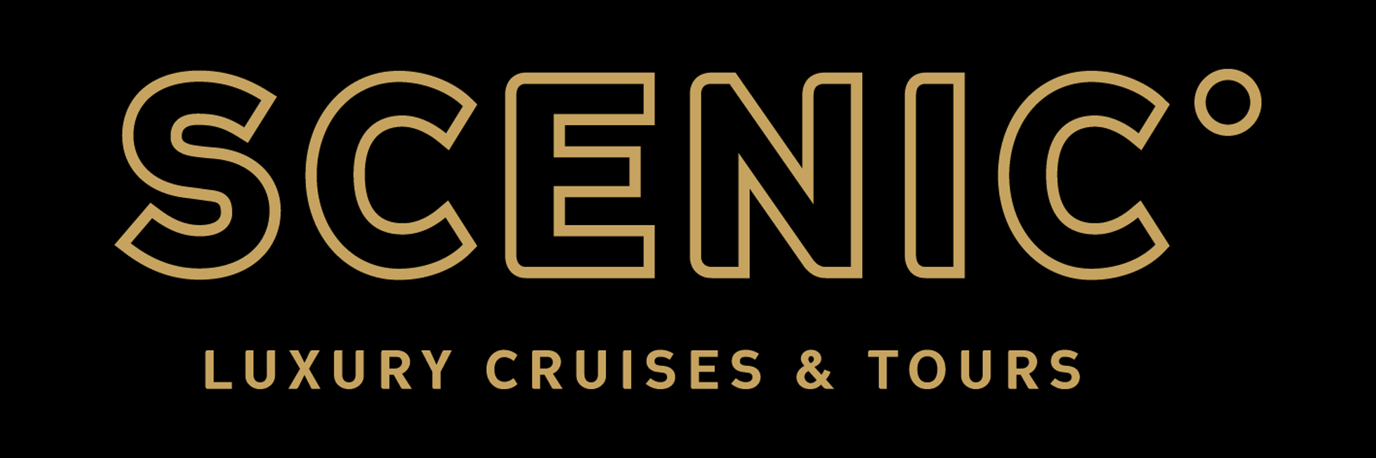 Scenic Luxury Cruises & Tours Brand Logo A high-end branding logo featuring the word 'SCENIC' in large, elegant gold capital letters with a decorative degree symbol, followed by the tagline 'LUXURY CRUISES & TOURS' in smaller gold text, all displayed against a black background. This is a professional brand identity for a luxury travel company specializing in cruise and tour experiences.