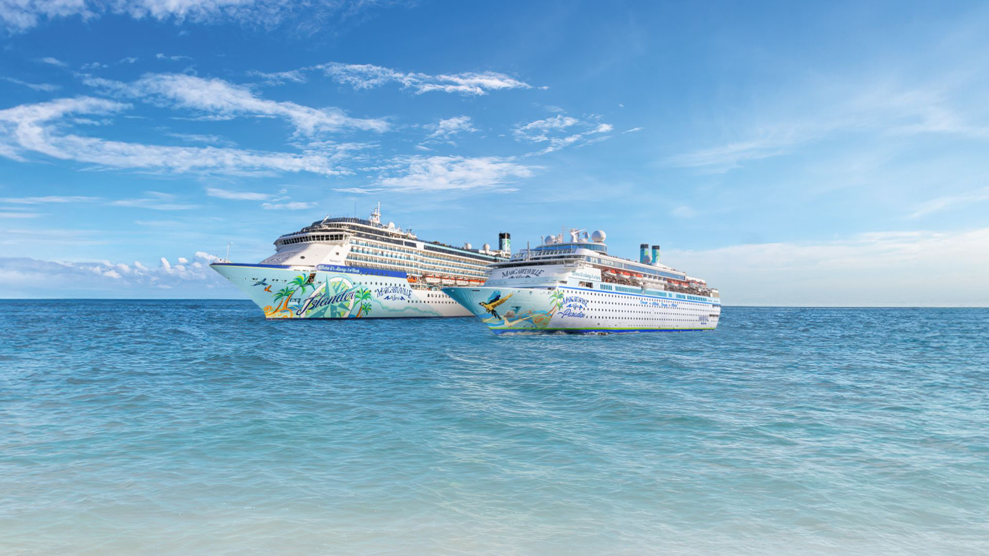 Tropical Cruise Ships in Turquoise Waters Two colorful cruise ships anchored in crystal-clear blue waters with a vibrant blue sky and white clouds in the background. The ships feature tropical-themed artwork on their hulls.