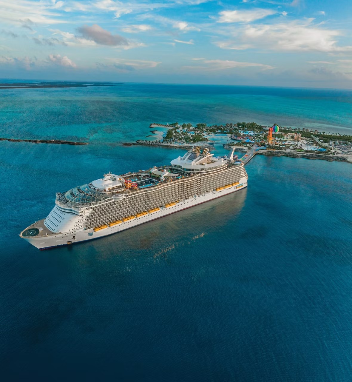 An aerial view of the Royal Caribbean cruise ship Oasis of the Seas docked at Perfect Day
