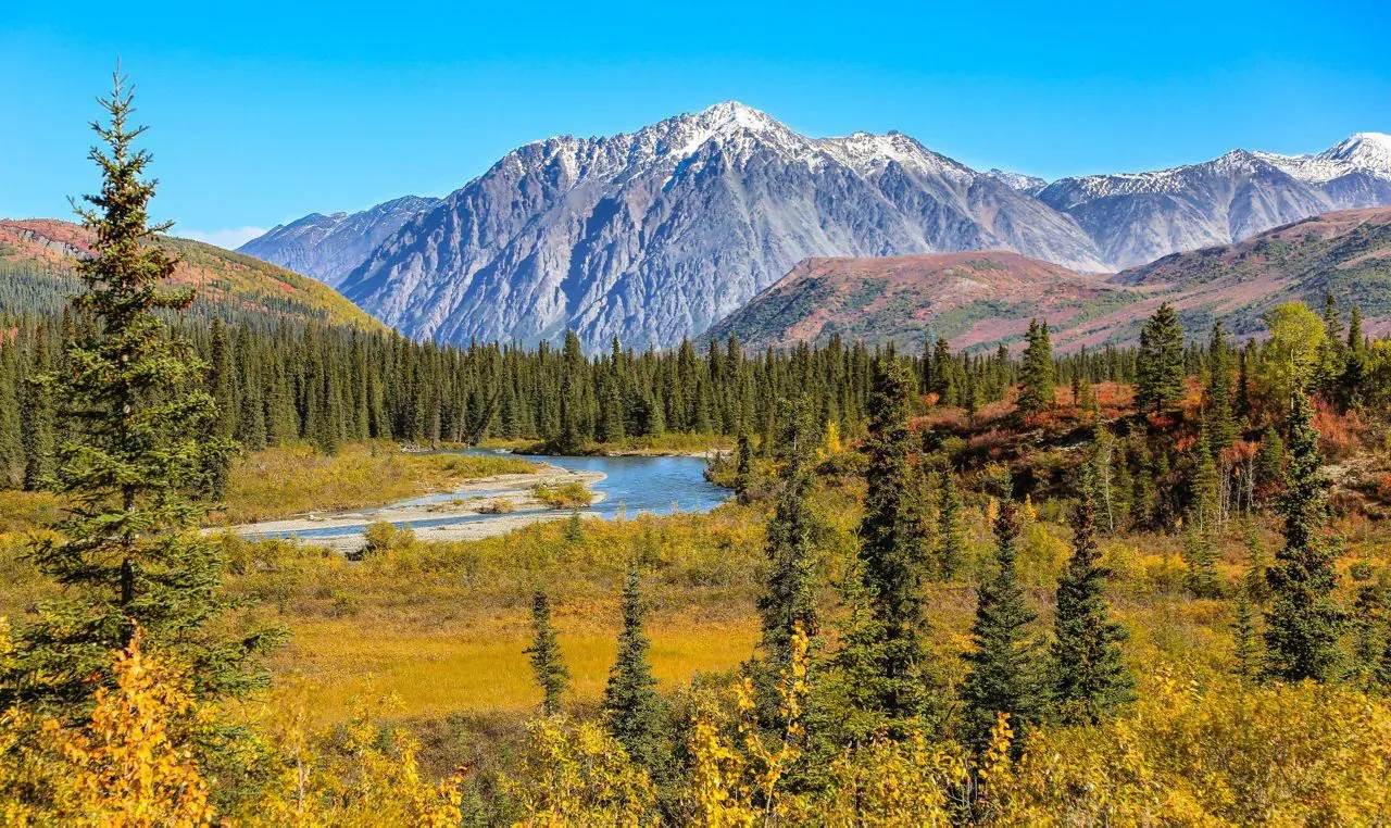 Mountain Valley with River and Autumn Forest Snow-capped mountain peaks rise above a forested valley with a winding river and autumn foliage