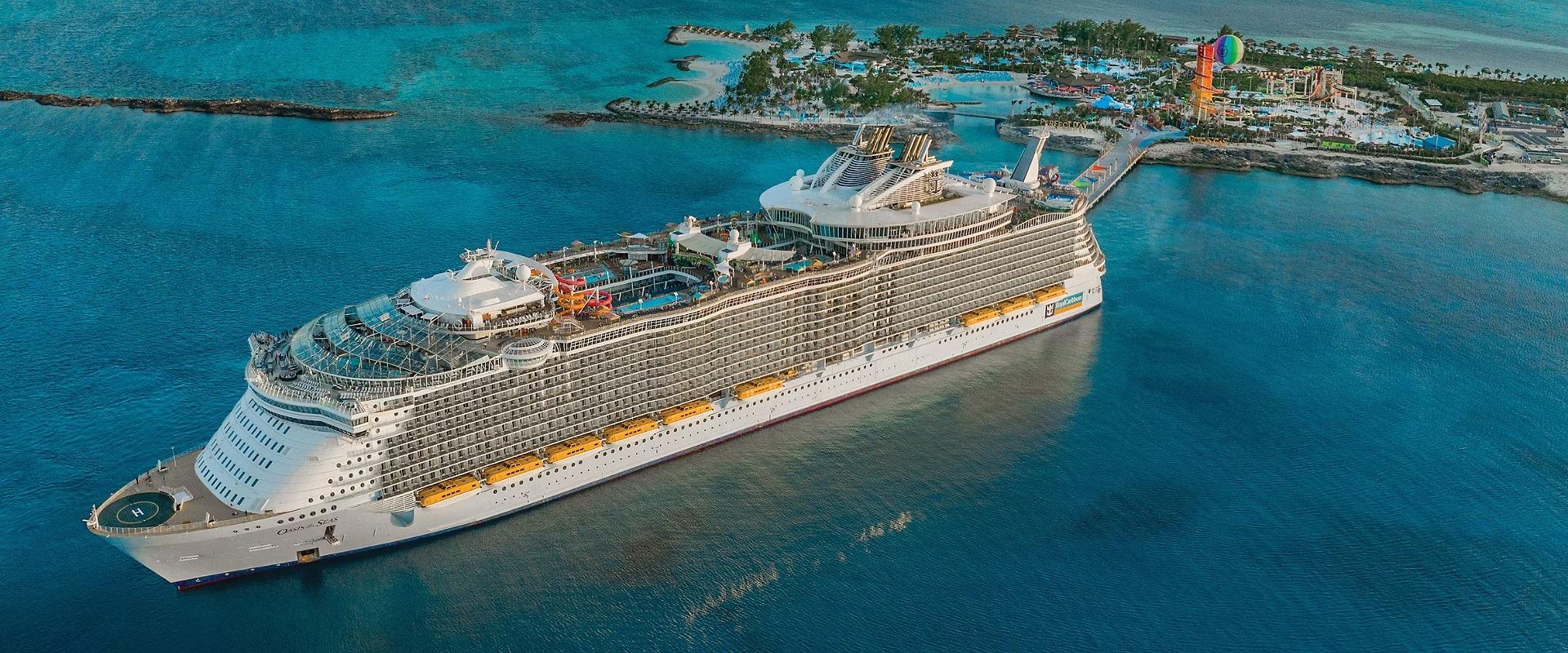 An aerial photograph of Royal Caribbean's Oasis of the Seas cruise ship docked at Perfect Day