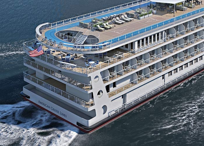 An aerial view of the American Anthem, a cruise ship operated by American Cruise Lines, showcasing
