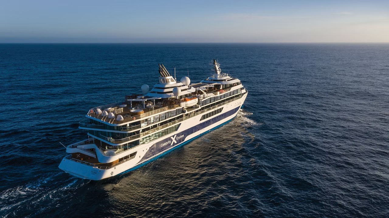 Luxury expedition cruise ship Celebrity Flora sailing through Galápagos waters