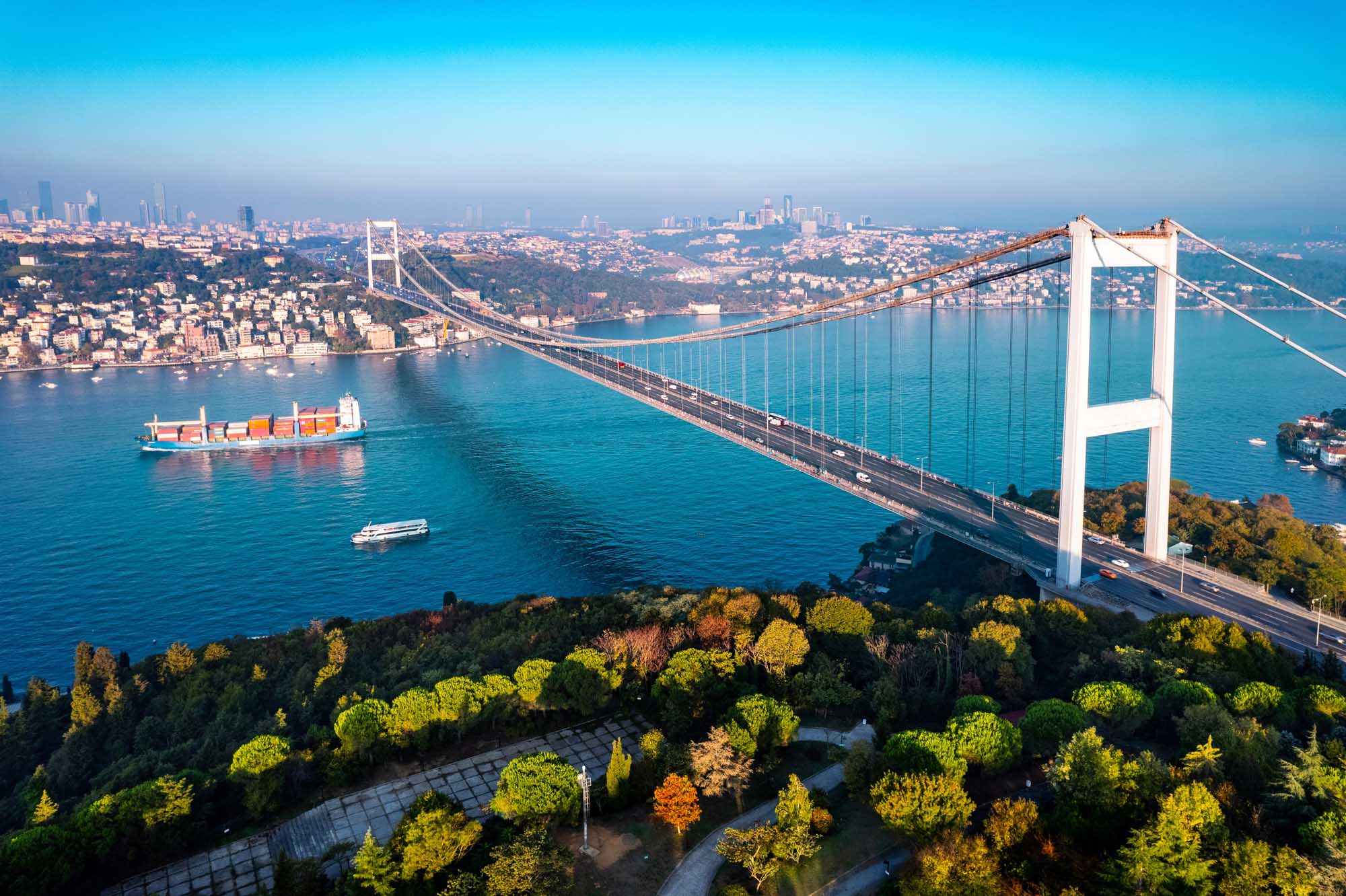 An aerial view of the iconic Fatih Sultan Mehmet Bridge spanning the Bosphorus Strait in Istanbul