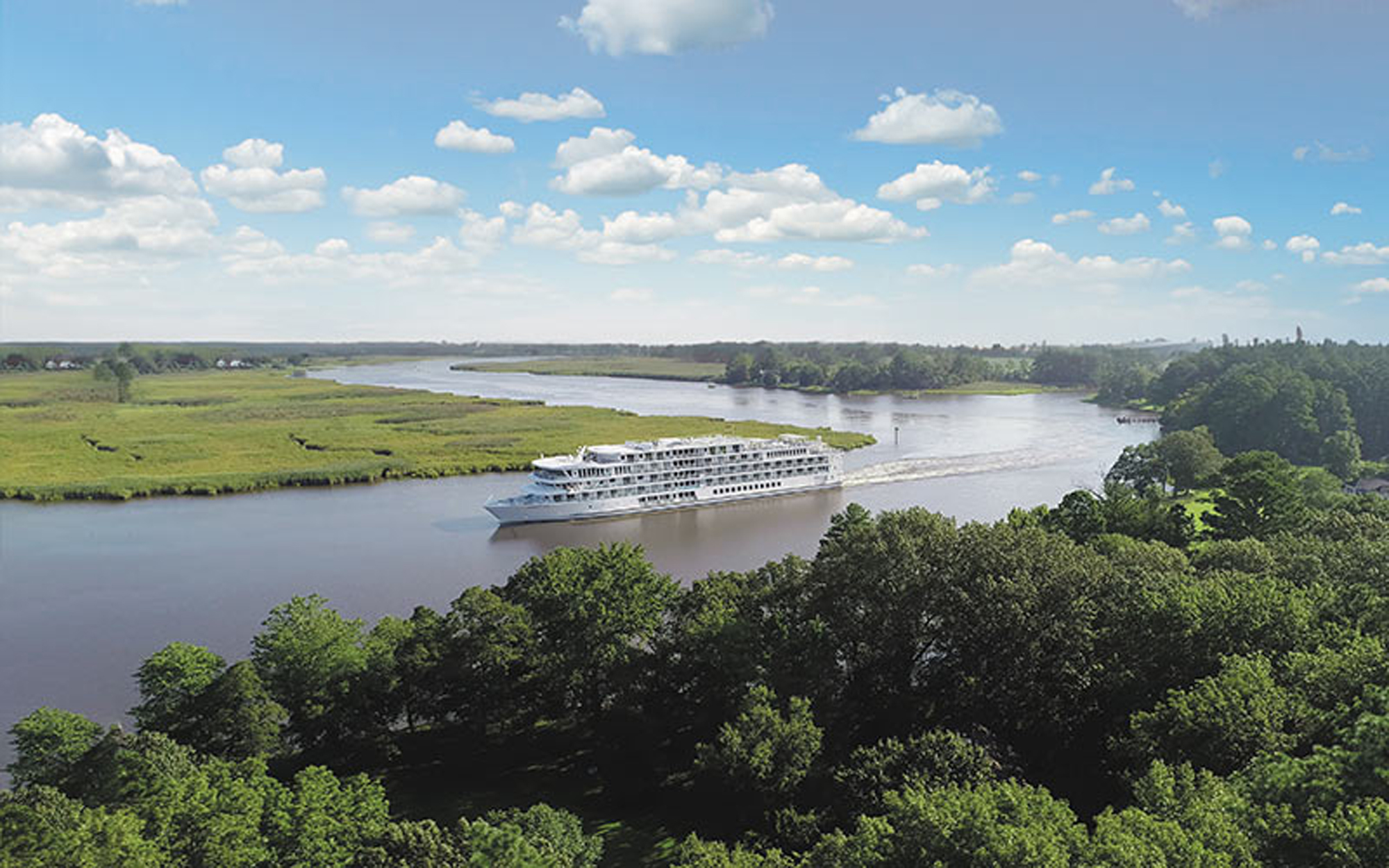 A large multi-deck river cruise ship navigates a winding section of the Mississippi River