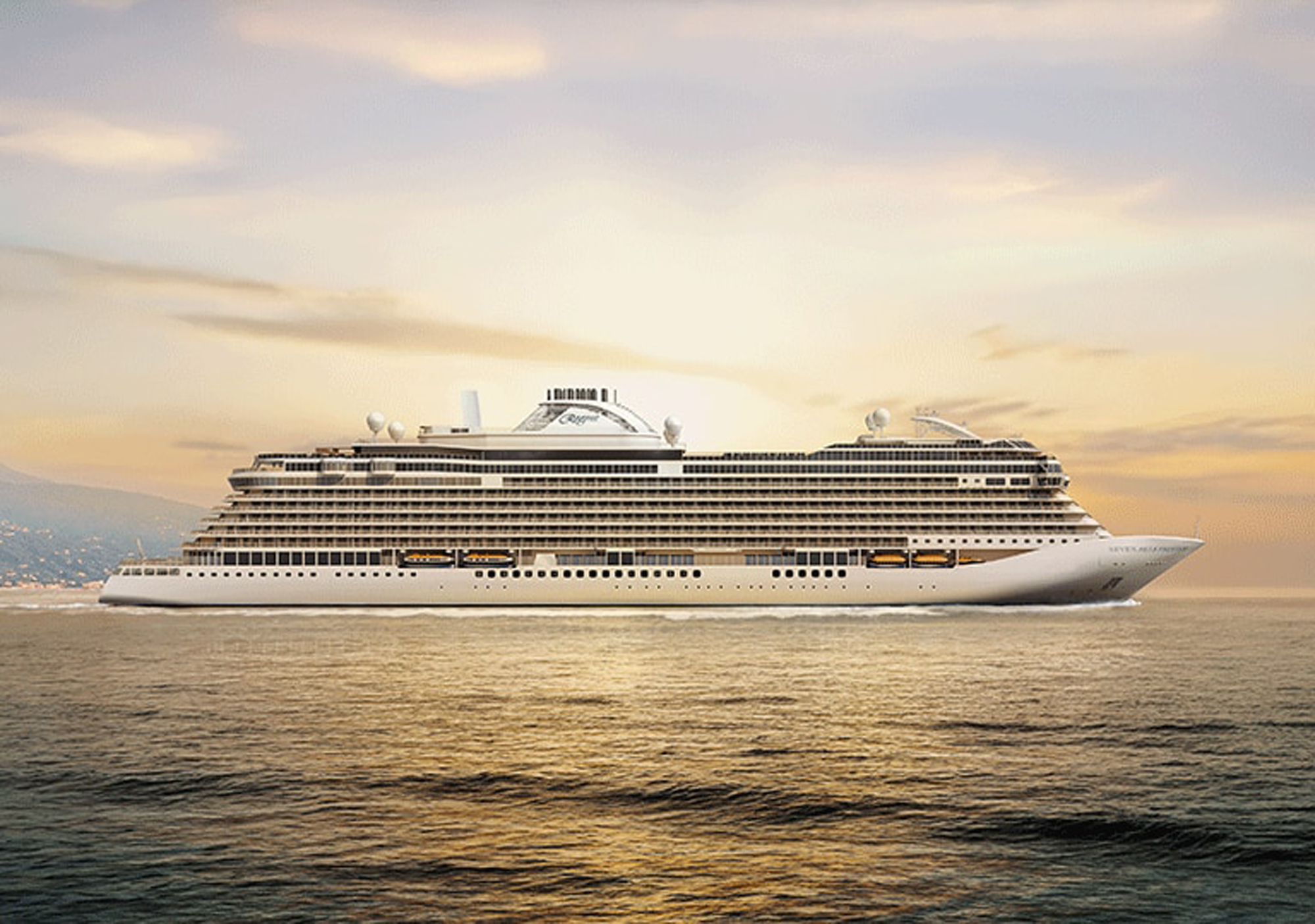 A stunning rendering of the Regent Seven Seas Prestige, an ultra-luxury cruise ship, shown at sea