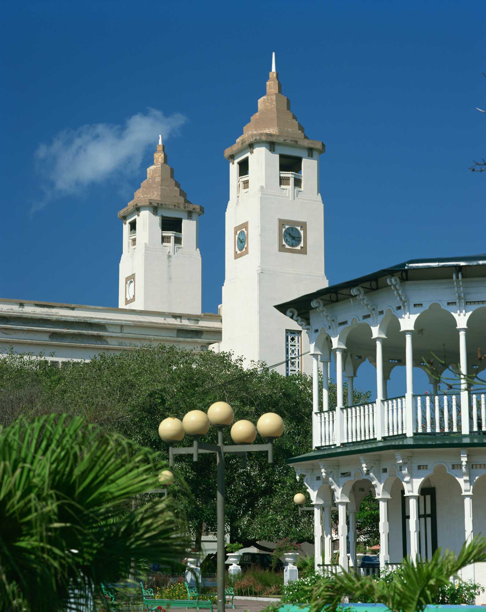 Historic San Felipe Church in Puerto Plata, Dominican Republic, featuring distinctive twin white