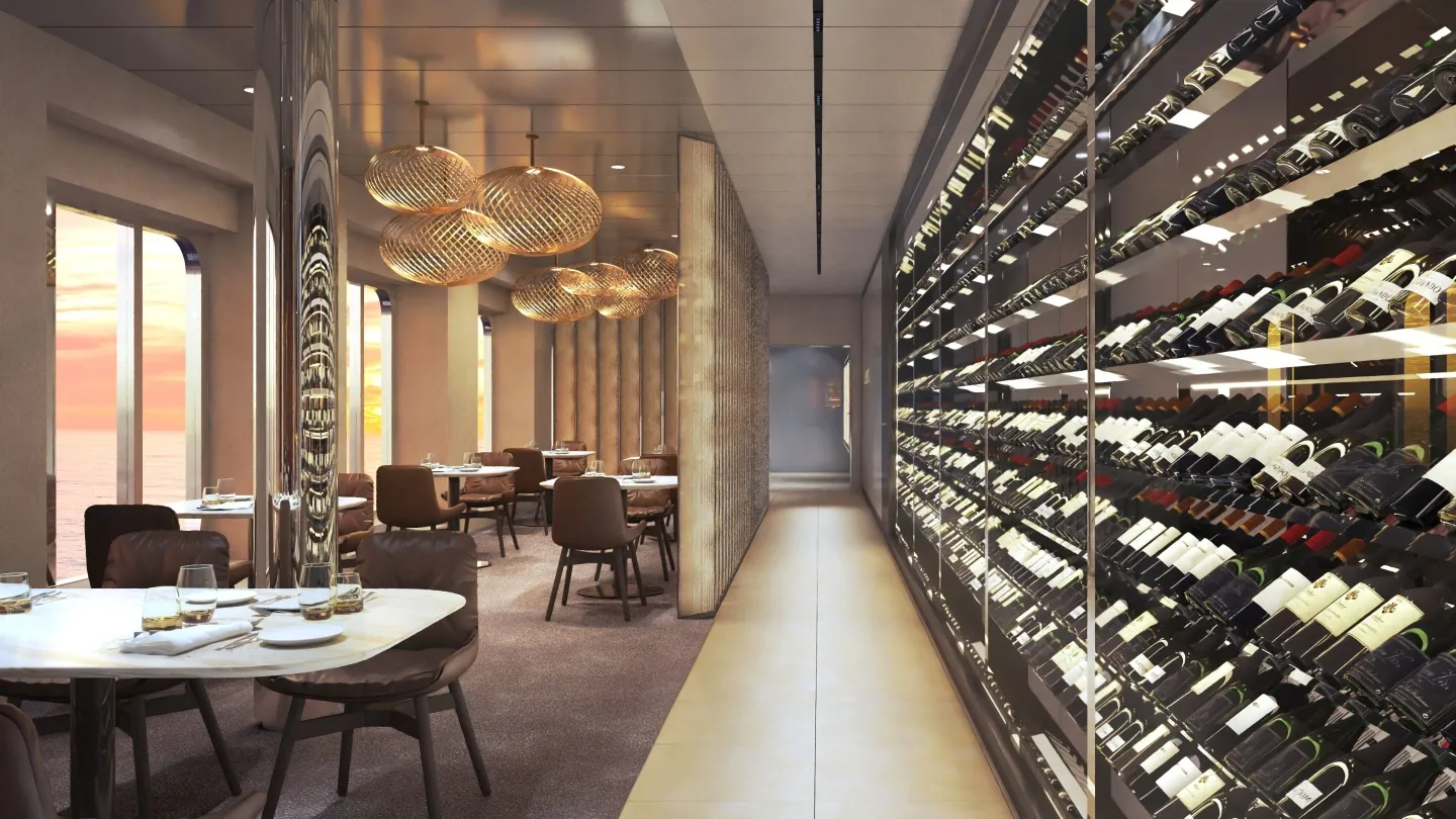 Scenic Eclipse wine cellar and fine dining restaurant with extensive bottle collection and sunset views