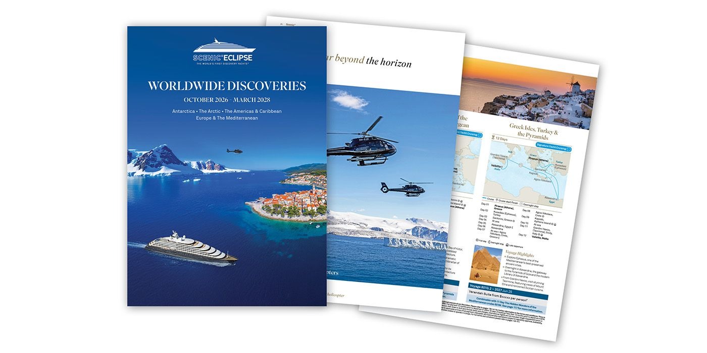 Scenic Eclipse Worldwide Discoveries cruise brochure featuring Antarctic, Arctic, and Mediterranean itineraries