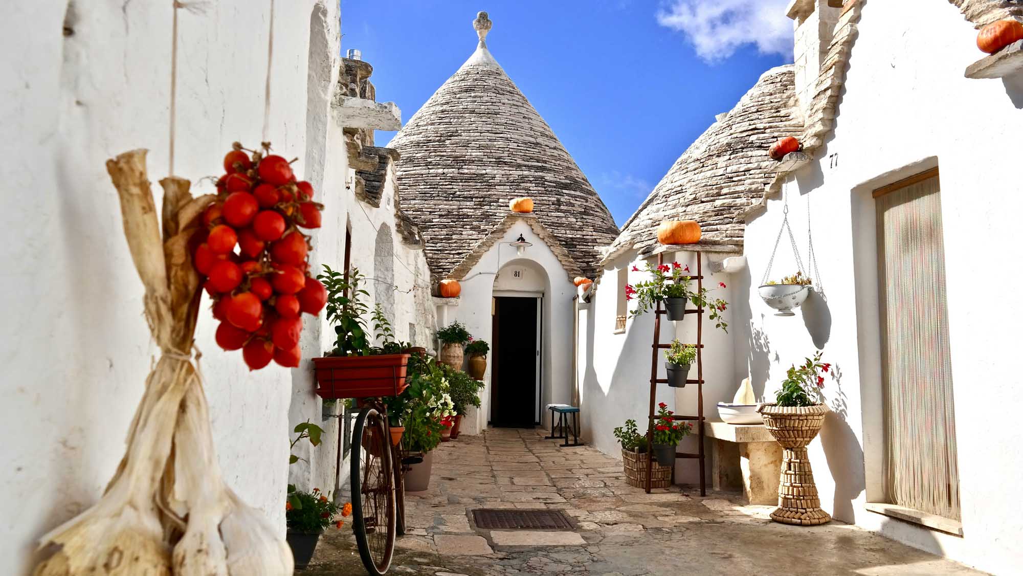 A charming alleyway in Alberobello, Puglia, Italy, lined with distinctive cone-roofed trulli houses