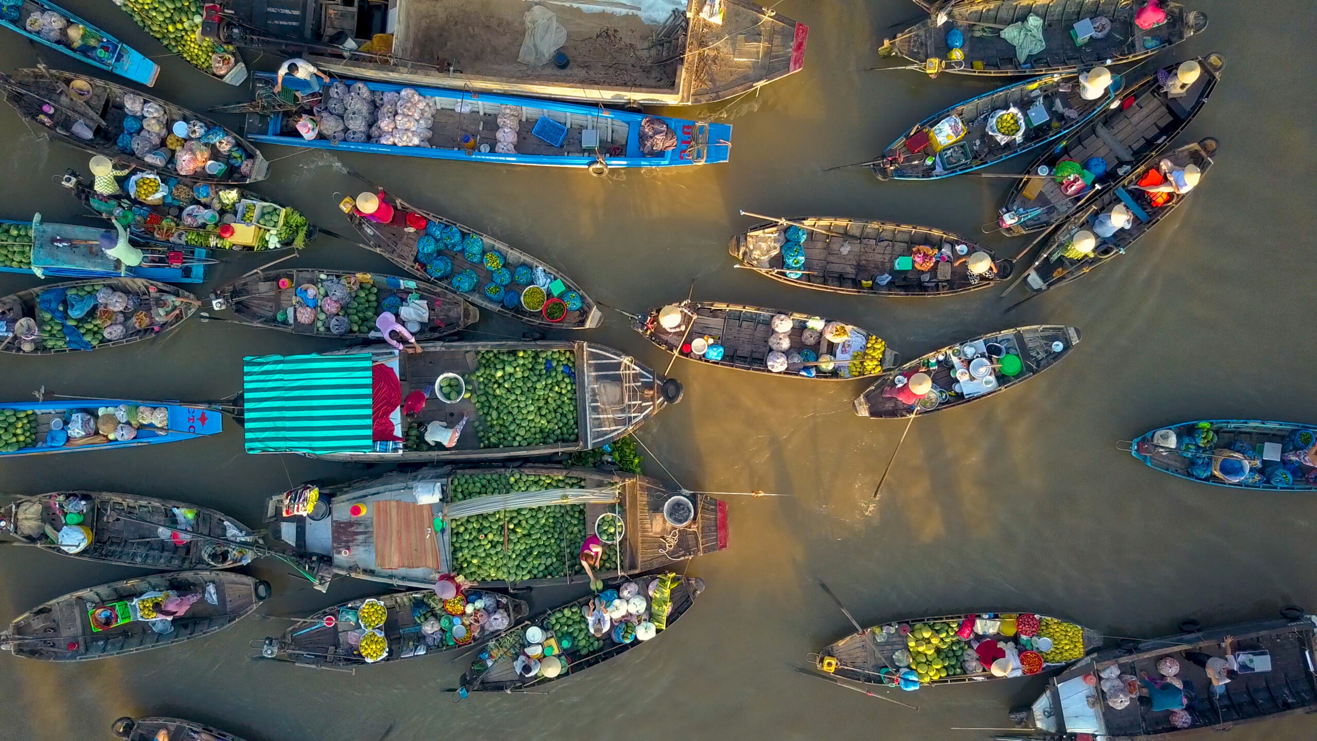 Mekong Delta Floating Market Aerial Aerial view of a floating market on the Mekong Delta
