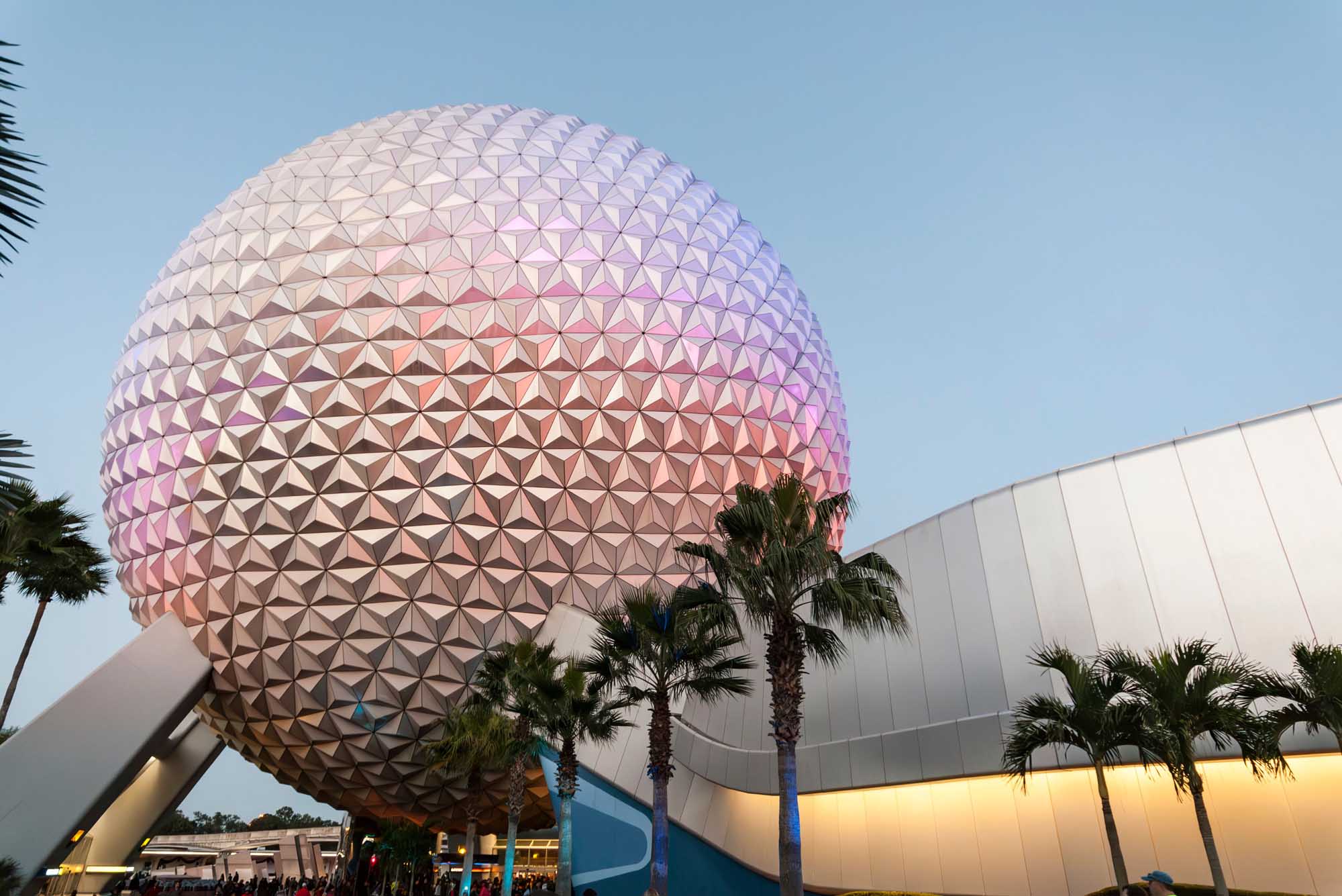 Epcot Center Geodesic Dome at Sunset The iconic Spaceship Earth geodesic dome at EPCOT Center in Orlando, Florida, illuminated in soft