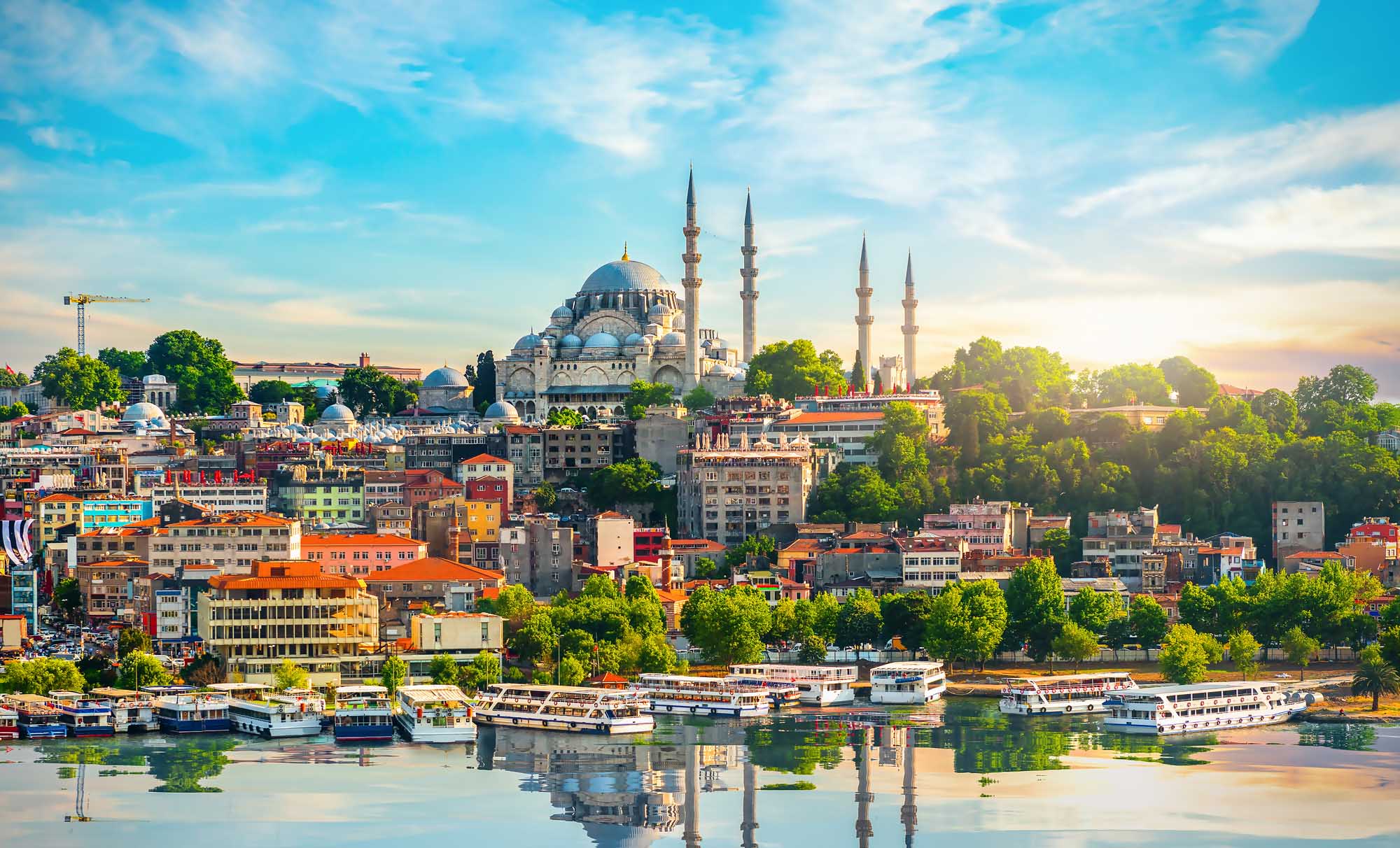 A stunning panoramic view of Istanbul's historic skyline featuring the prominent Süleymaniye Mosque