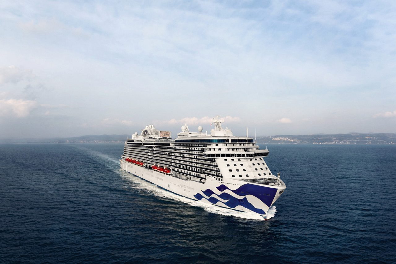 Majestic Princess Cruise Ship at Sea A modern cruise ship from Princess Cruises photographed from a front angle while at sea, displaying
