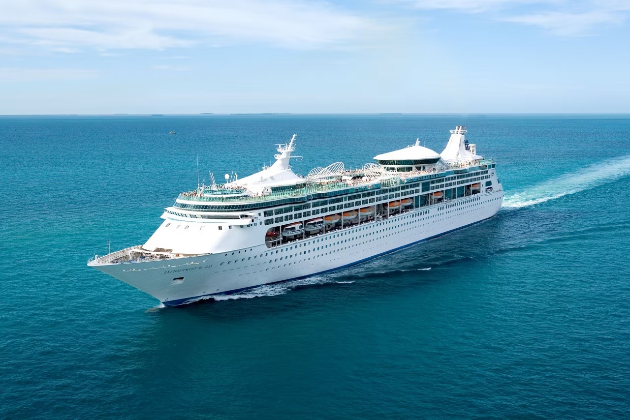 Royal Caribbean Enchantment of the Seas Aerial View An aerial view of the Royal Caribbean cruise ship Enchantment of the Seas sailing through clear