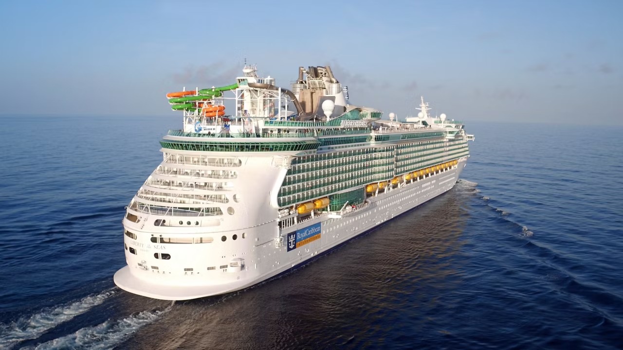 Royal Caribbean Liberty of the Seas Aerial View A stunning aerial view of the Royal Caribbean Liberty of the Seas cruise ship sailing on open blue