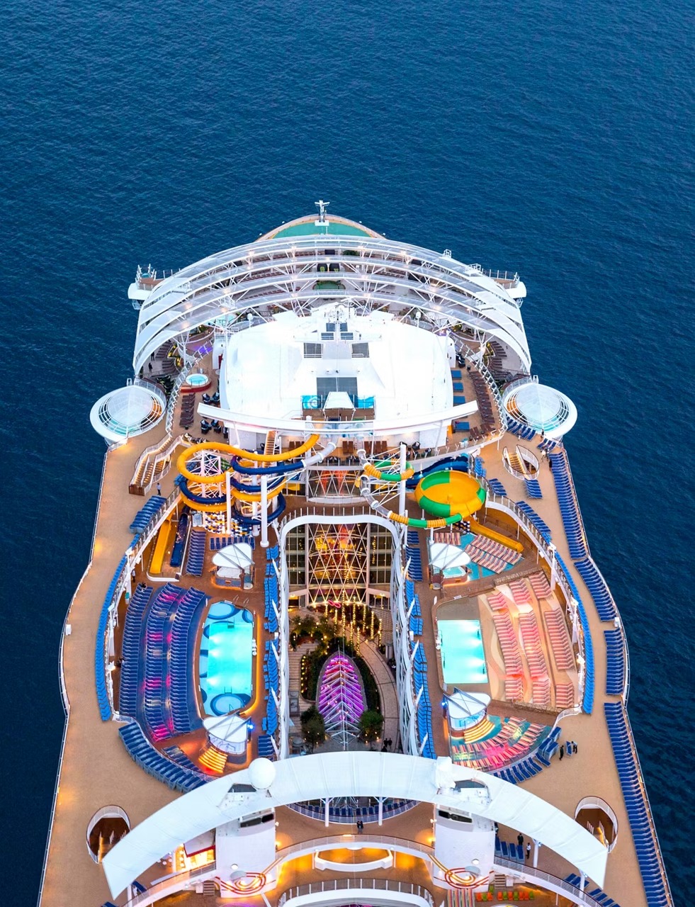 Royal Caribbean Symphony Aerial Deck View An overhead aerial photograph of Royal Caribbean's Symphony of the Seas cruise ship, showcasing