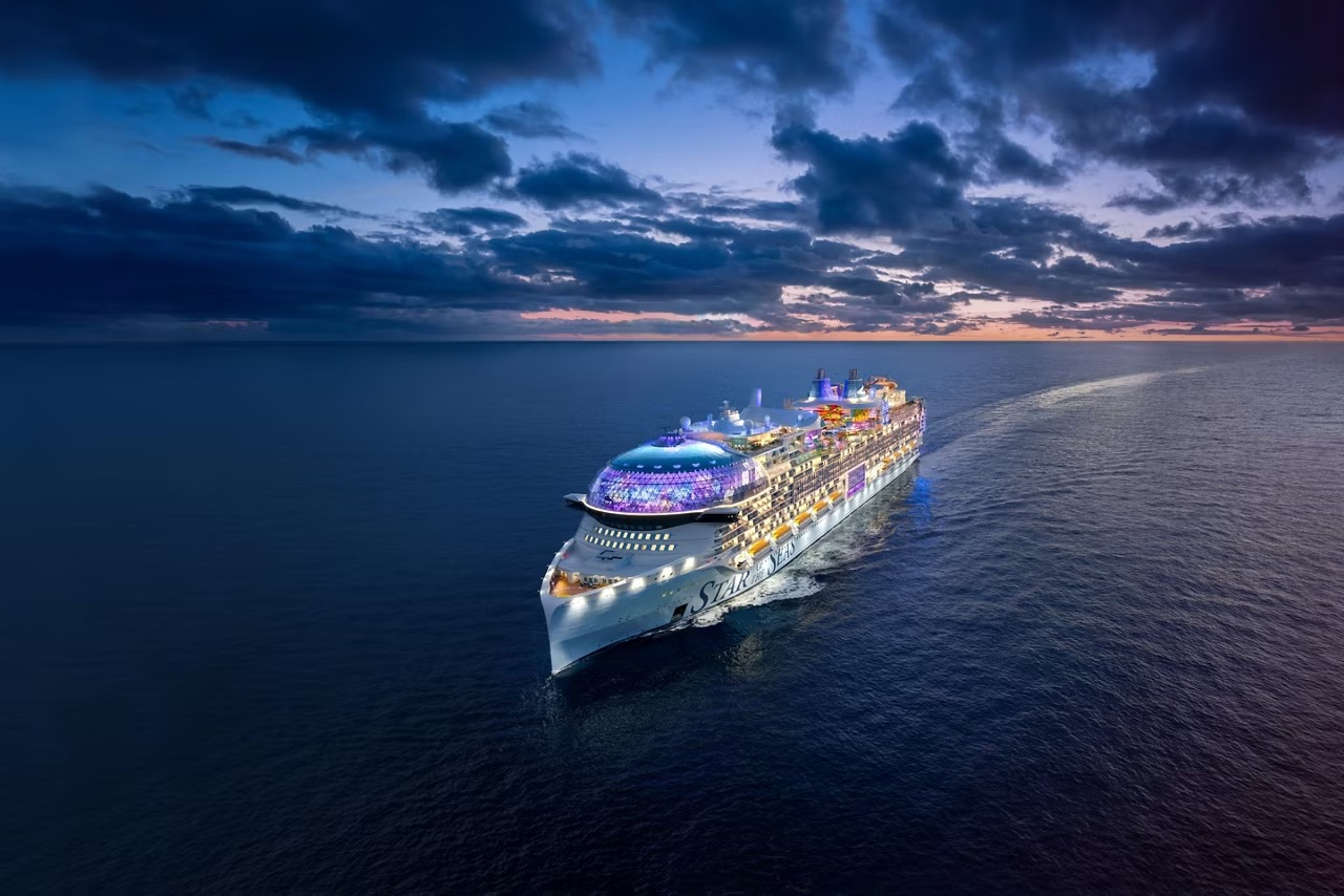 Royal Caribbean’s Star of the Seas at Twilight An aerial view of the Royal Caribbean cruise ship Star of the Seas captured during the golden hour