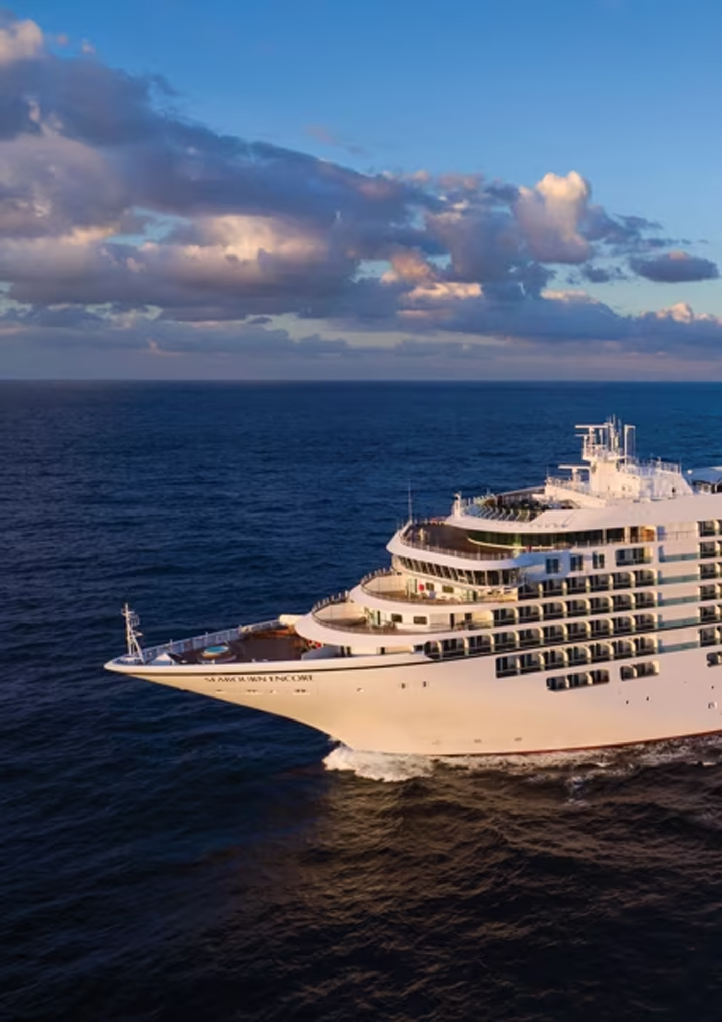 Seabourn Encore Departing from Venice An aerial view of the luxury cruise ship Seabourn Encore departing from Venice, Italy, with its