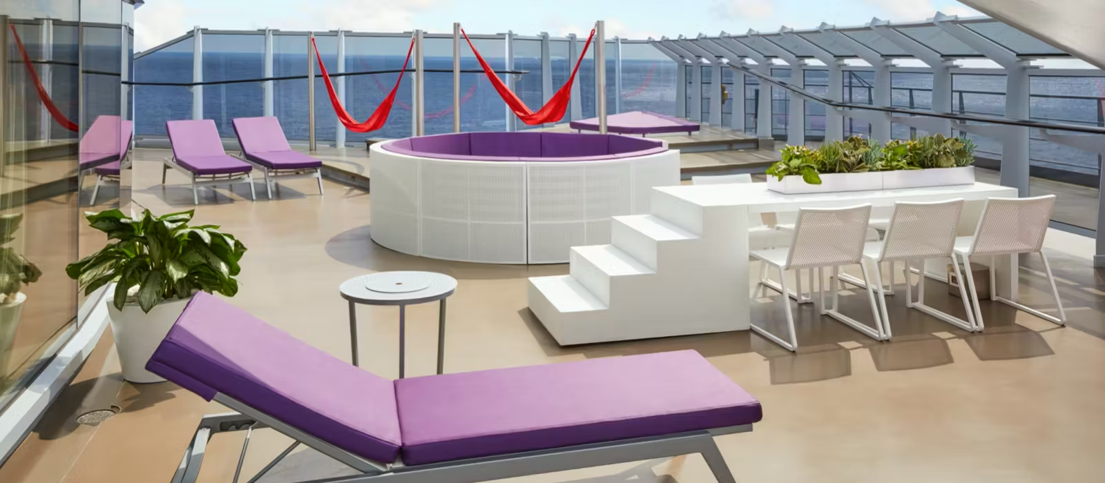 Virgin Voyages Brilliant Lady Rooftop Deck A luxurious rooftop deck aboard Virgin Voyages' Brilliant Lady cruise ship, featuring modern lounge